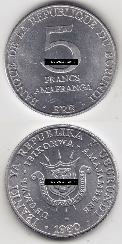 Münzen aus Afrika Burundi Umlaufmünze 1976-2013, 5 France Franken 1980 (4) Sammlung