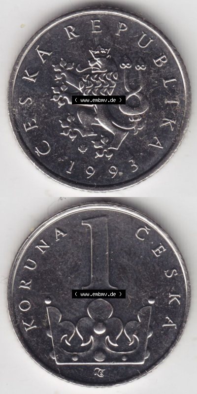 Münzen Tschechische Republik / Tschechin Eurovorläufer, Umlaufmünze vor Euroeinführung 1993-2013, 1 kc, 1 Krone 1993 (4) Sammlung