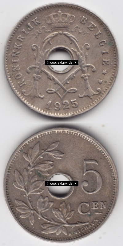 Münzen Belgien Eurovorläufer, Umlaufmünze vor Euroeinführung 1910-1931, 5 Cen, Centimes Koninkrijk Belgie (4) Sammlung
