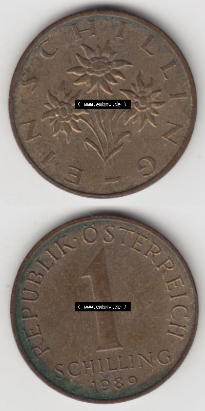 Münzen Österreich / Austria Eurovorläufer, Umlaufmünze vor Euroeinführung 1959-2001, 1 Schilling 1989 (4) Sammlung