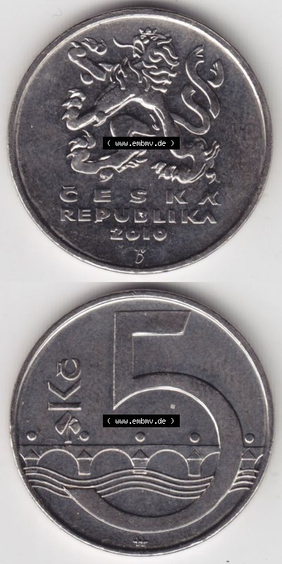 Münzen Tschechische Republik / Tschechin Eurovorläufer, Umlaufmünze vor Euroeinführung 1993-2013, 5 Kc, 5 Kronen 2010 (4) Sammlung