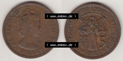 Münzen Zypern / Cyprus Eurovorläufer, Umlaufmünze vor Euroeinführung 1955-1956, 5 Mils 1955 (7) Sammlung