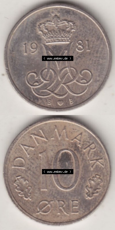 Münzen Dänemark / Danmark Eurovorläufer, Umlaufmünze vor Euroeinführung 1973-1988, 10 Öre 1981 (4) Sammlung