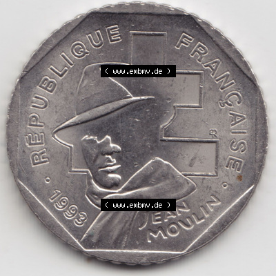 Münzen Frankreich Eurovorläufer, Umlaufmünze vor Euroeinführung 1993-1993, 2 Francs Jean Moulin. Rückseite einer Münze aus... Sammlung