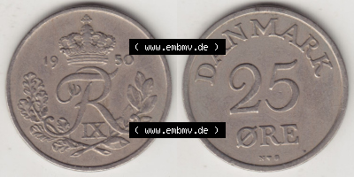Münzen Dänemark / Danmark Eurovorläufer, Umlaufmünze vor Euroeinführung 1948-1960, 25 Öre 1950 (3) Sammlung