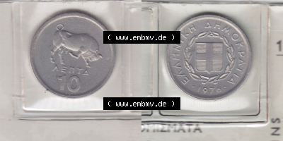 Münzen Griechenland Eurovorläufer, Umlaufmünze vor Euroeinführung 1976, 10 Lepta. VS+RS auf einen Bild/Foto einer Münze aus... Sammlung