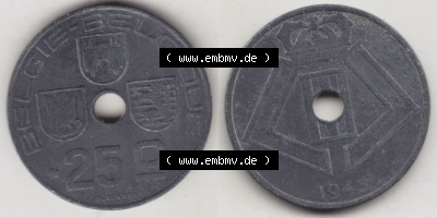 Münzen Belgien Eurovorläufer, Umlaufmünze vor Euroeinführung 1942-1946, 25 Centimes 1943 Belgie - Belgique (3) Sammlung
