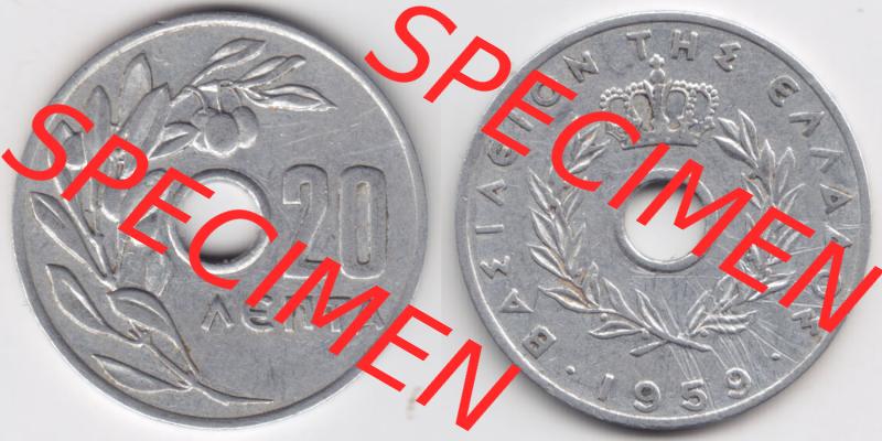 Münzen Griechenland Eurovorläufer, Umlaufmünze vor Euroeinführung 1959, 20 Aenta, Lepta. VS+RS auf einen Bild/Foto einer Münze aus Griechenland... Sammlung