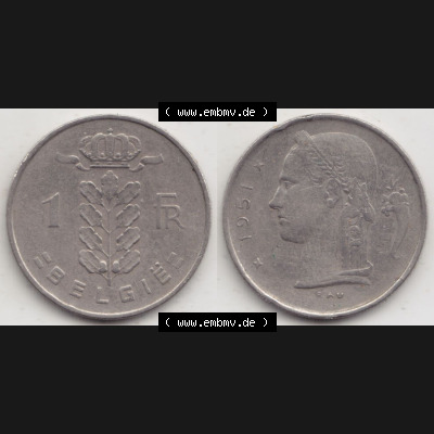 Münzen Belgien Eurovorläufer, Umlaufmünze vor Euroeinführung 1950-1988, 1 Francs-Franken 1951 Belgie (3) Sammlung