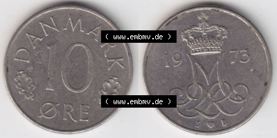 Münzen Dänemark / Danmark Eurovorläufer, Umlaufmünze vor Euroeinführung 1973, 10 Öre (3) Sammlung