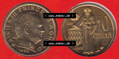 Münzen Monaco / Mu̍negu Eurovorläufer, Umlaufmünze vor Euroeinführung 1962-1995, 10 Centimes 1995 (3) Sammlung