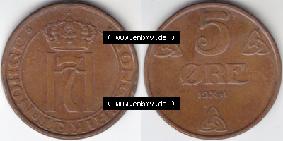 Münzen Norwegen / Norway Eurovorläufer, Umlaufmünze vor Euroeinführung 1908-1952, 5 Öre 1941 (3) Sammlung