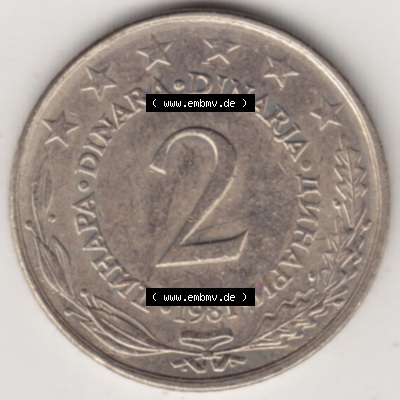 Münzen Jugoslawien (Land wurde 2003 aufgelöst), Umlaufmünze 1971-1981, 2 Dinar 1981 (2) Sammlung