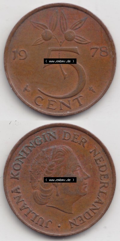Münzen Niederlande / Netherlands Eurovorläufer, Umlaufmünze vor Euroeinführung 1950-1980, 5 Cent 1978 (4) Sammlung
