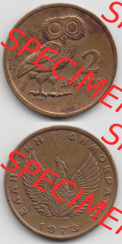 Münzen Griechenland Eurovorläufer, Umlaufmünze vor Euroeinführung 1973, 2 Apaxmai, Drachmen. VS+RS auf einen Bild/Foto,, untereinander... Sammlung