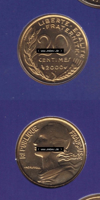 Münzen Frankreich Eurovorläufer, Umlaufmünze vor Euroeinführung 2000, 20 Centimes. Vorderseite und Rückseite Vertikal Untereinander,... Sammlung