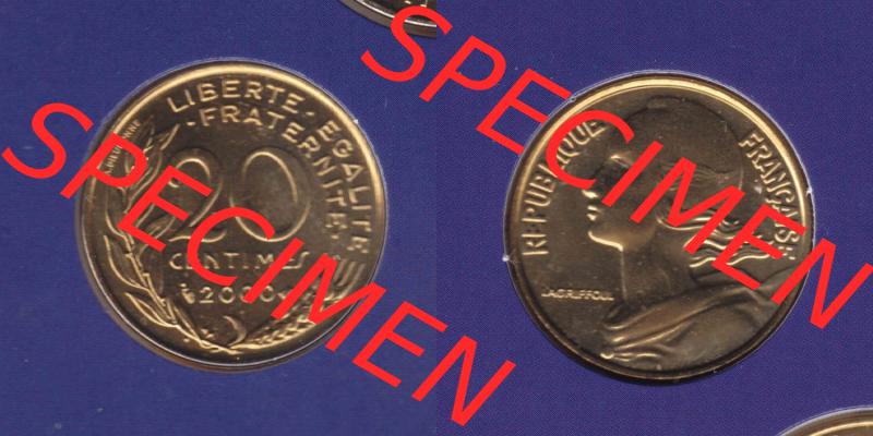 Münzen Frankreich Eurovorläufer, Umlaufmünze vor Euroeinführung 2000, 20 Centimes. Vorderseite und Rückseite Nebeneinander einer Münze aus Europa als Digitales... Sammlung