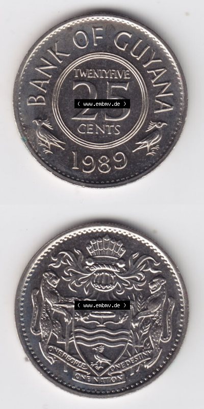 Münzen aus Amerika Guyana Umlaufmünze 1967-1992, 25 Cents 1989 (4) Sammlung