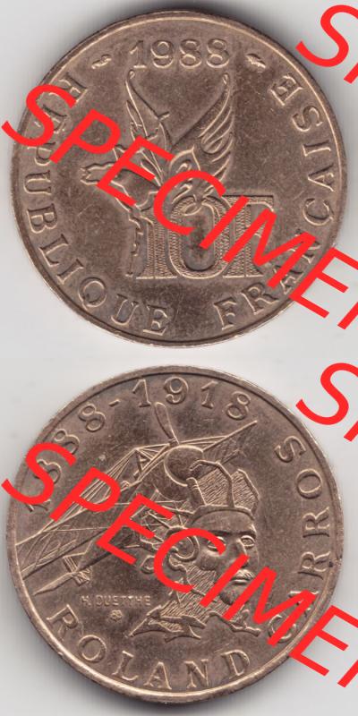 Münzen Frankreich Eurovorläufer, Umlaufmünze vor Euroeinführung 1988-1988, 10 Francs Roland Garros. Vorderseite und Rückseite Vertikal Untereinander, passend... Sammlung