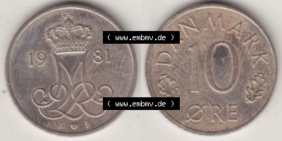 Münzen Dänemark / Danmark Eurovorläufer, Umlaufmünze vor Euroeinführung 1973-1988, 10 Öre 1981 (3) Sammlung