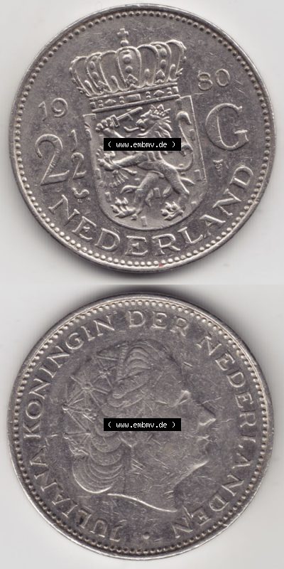 Münzen Niederlande / Netherlands Eurovorläufer, Umlaufmünze vor Euroeinführung 1969-1980, 2.50 Gulden 1980 (4) Sammlung