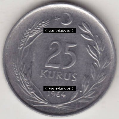 Münzen Türkei / Türkiye Eurovorläufer, Umlaufmünze vor Euroeinführung 1960-1966, 25 Kurus 1964 (2) Sammlung