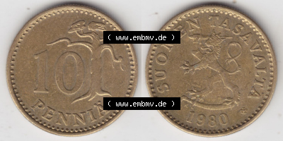 Münzen Finnland / SUOMI Eurovorläufer, Umlaufmünze vor Euroeinführung 1963-1982, 10 Penniä. Rückseite und Vorderseite horizontal... Sammlung