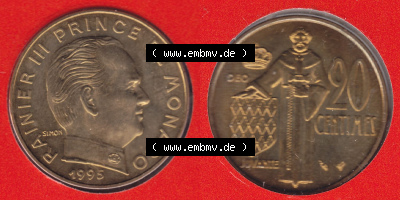 Münzen Monaco / Mu̍negu Eurovorläufer, Umlaufmünze vor Euroeinführung 1962-1995, 20 Centimes 1995 (3) Sammlung