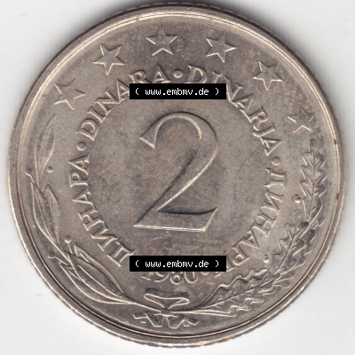 Münzen Jugoslawien (Land wurde 2003 aufgelöst), Umlaufmünze 1971-1981, 2 Dinara, Dinarja 1980 (1) Sammlung