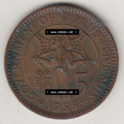 Münzen Zypern / Cyprus Eurovorläufer, Umlaufmünze vor Euroeinführung 1955-1956, 5 Mils 1955 (2) Sammlung