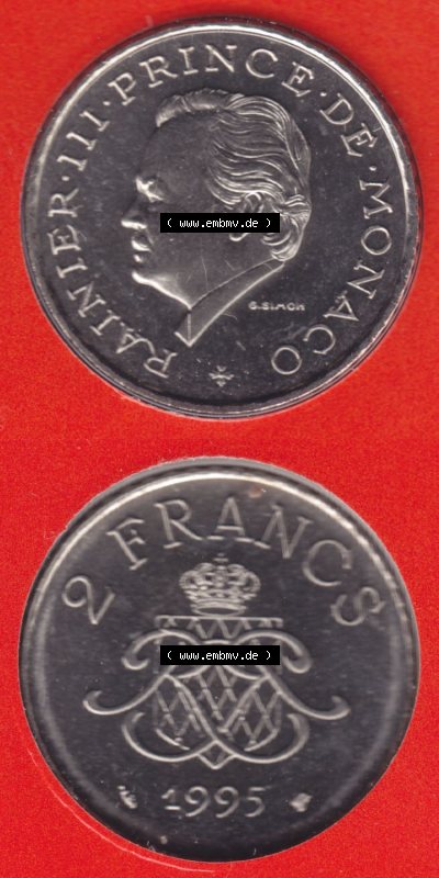 Münzen Monaco / Mu̍negu Eurovorläufer, Umlaufmünze vor Euroeinführung 1995-1995, 2 Francs 1995 (4) Sammlung