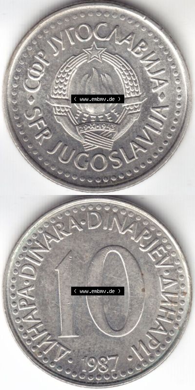 Münzen Jugoslawien (Land wurde 2003 aufgelöst), Umlaufmünze 1982-1988, 10 Dinara, Dinarjev 1987 (4) Sammlung
