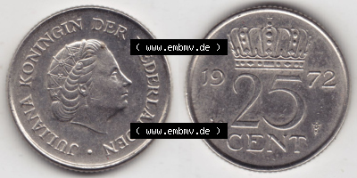 Münzen Niederlande / Netherlands Eurovorläufer, Umlaufmünze vor Euroeinführung 1950-1980, 25 Cent 1972 (3) Sammlung
