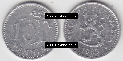 Münzen Finnland / SUOMI Eurovorläufer, Umlaufmünze vor Euroeinführung 1983-1990, 10 Penniä 1985. Rückseite und Vorderseite... Sammlung