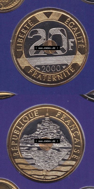 Münzen Frankreich Eurovorläufer, Umlaufmünze vor Euroeinführung 2000, 20 Francs. Vorderseite und Rückseite Vertikal Untereinander,... Sammlung