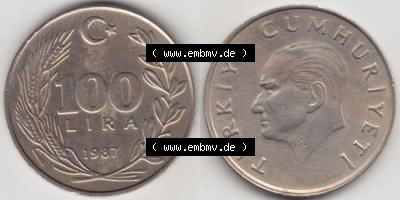 Münzen Türkei / Türkiye Eurovorläufer, Umlaufmünze vor Euroeinführung 1984-1988, 100 Lira - Lire (3) Sammlung