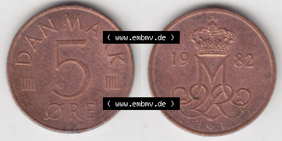Münzen Dänemark / Danmark Eurovorläufer, Umlaufmünze vor Euroeinführung 1982-1988, 5 Öre 1982 Kursmünzen (3) Sammlung
