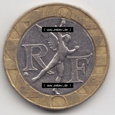 Münzen Frankreich Eurovorläufer, Umlaufmünze vor Euroeinführung 1991, 10 Francs. Rückseite einer Münze aus Europa als Digitales Bild / Bildmaterial... Sammlung