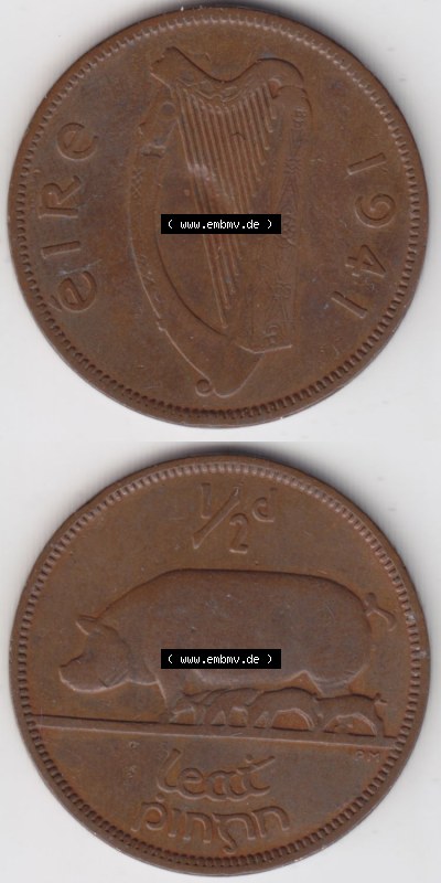 Münzen Irland Eurovorläufer, Umlaufmünze vor Euroeinführung 1939-1967, 0.50 Penny, Half Penny 1941 (4) Sammlung