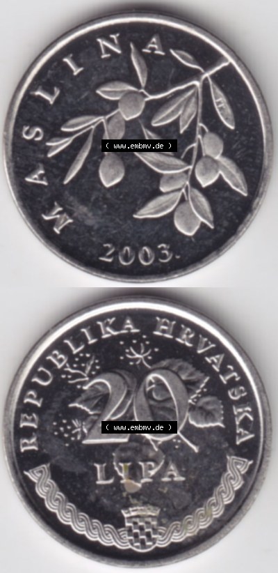 Münzen Kroatien Eurovorläufer, Umlaufmünze vor Euroeinführung 1993-2021, 20 Lipa 2003 (4) Sammlung