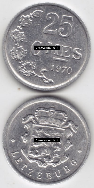 Münzen Luxemburg / Lëtzebuerg Eurovorläufer, Umlaufmünze vor Euroeinführung 1954-1972, 25 Centimes - C-MES 1970 II. (4) Sammlung