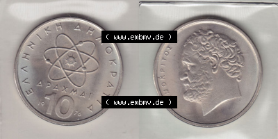 Münzen Griechenland Eurovorläufer, Umlaufmünze vor Euroeinführung 1976, 10 Drachmen. VS+RS auf einen Bild/Foto einer Münze... Sammlung