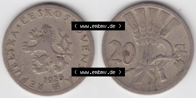 Münzen Tschechoslowakei (Land wurde 1992 aufgelöst), Umlaufmünze 1921-1938, 20 h, Haleru, Heller 1926 (3) Sammlung