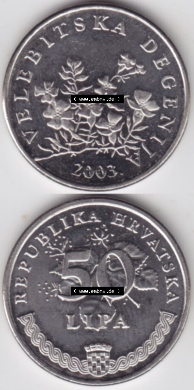 Münzen Kroatien Eurovorläufer, Umlaufmünze vor Euroeinführung 1993-2021, 50 Lipa 2003 (4) Sammlung