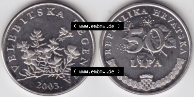 Münzen Kroatien Eurovorläufer, Umlaufmünze vor Euroeinführung 1993-2021, 50 Lipa 2003 (3) Sammlung