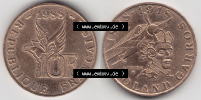Münzen Frankreich Eurovorläufer, Umlaufmünze vor Euroeinführung 1988-1988, 10 Francs Roland Garros. Vorderseite und Rückseite... Sammlung