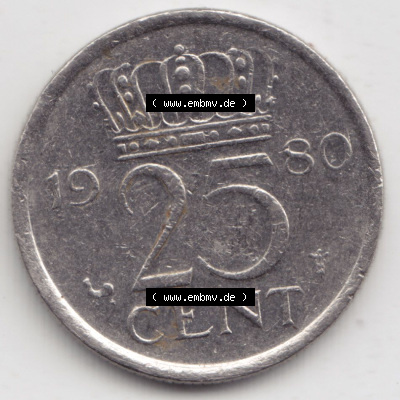 Münzen Niederlande / Netherlands Eurovorläufer, Umlaufmünze vor Euroeinführung 1950-1980, 25 Cent 1980 (1) Sammlung