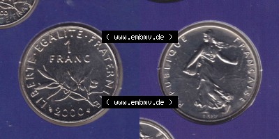 Münzen Frankreich Eurovorläufer, Umlaufmünze vor Euroeinführung 2000, 1 Francs. Vorderseite und Rückseite Nebeneinander einer... Sammlung