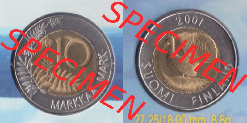 Münzen Finnland / SUOMI Eurovorläufer, Umlaufmünze vor Euroeinführung 2001, 10 Mark, Markkaa. Rückseite und Vorderseite horizontal nebeneinander zusammengefügt,... Sammlung