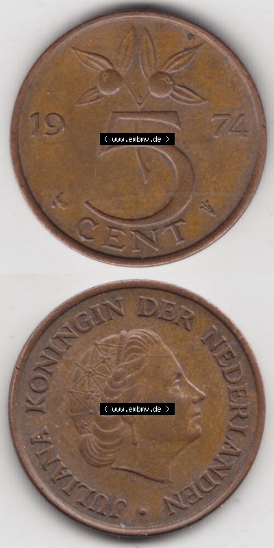 Münzen Niederlande / Netherlands Eurovorläufer, Umlaufmünze vor Euroeinführung 1950-1980, 5 Cent 1974 (4) Sammlung